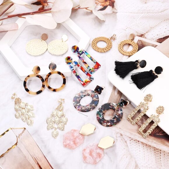 9Pairs Clip On Drop Earrings for Women - Rattan Acrylic Tassel Hoop Statement Je - Picture 6 of 7